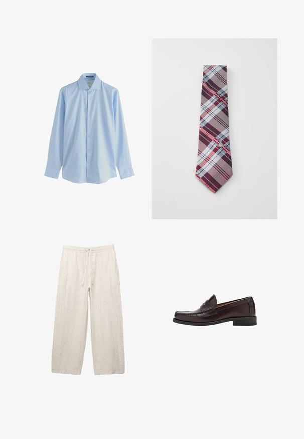 Tummansininen neulepusero, jossa on pyöreä pääntie, pitkät hihat ja ribattu hihansuu. Puserossa on pieni brodeerattu logo rinnassa.; Vaaleansininen pitkähihaisista nappikauluspaidasta, joka on valmistettu sileästä kankaasta, jossa on terävä kaulus ja seitsemän nappia edessä, rento malli ja napitettu hihansuu.; Vaaleanbeige pellavahousut, joissa on joustava vyötärö, säätönyöri, leveät lahkeet ja sivutaskut. Sulava rakenne.; Ruske nahkasaapad ümarate varvastega, esiküljel dekoratiivne tikand ja lapik kummitald toetuse ja vastupidavuse tagamiseks.; Ruudullinen solmio, jossa on viininpunaisia, harmaita, sinisiä ja punaisia viivoja. Valmistettu sileästä kankaasta, jossa on terävä kärki.