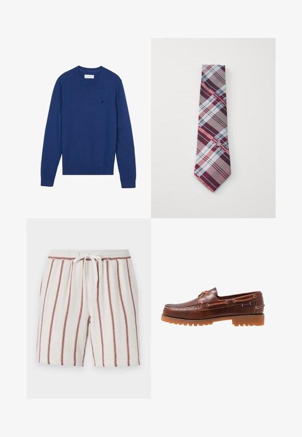 Navy blue knit sweater with a round neckline, long sleeves, and ribbed cuffs. Features a small embroidered logo on the chest.; Long-sleeve white cotton t-shirt with a crew neck and ribbed cuffs. Simple, unembellished design, featuring smooth texture and standard fit.; Cotton shorts featuring a drawstring waist, cream background with vertical rust-colored stripes, textured fabric, and relaxed fit.; Brown leather boat shoe with rubber outsole, lace eyelets, and a stitched upper, featuring a raised, textured pattern along the toe.; Plaid tie featuring a pattern of burgundy, gray, blue, and red stripes. Made of smooth fabric with a pointed tip.