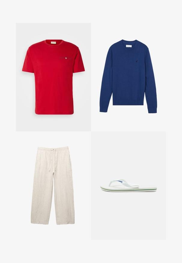 Mørkeblå striktrøje med rund halsudskæring, lange ærmer og ribbede manchetter. Har et lille broderet logo på brystet.; Rød bomulds T-shirt med korte ærmer, rund halsudskæring og lille logo i marineblå på brystet. Glat tekstur, afslappet pasform.; Linnedragt i lys beige med elastisk talje og snøre, vid bendesign og sidelommer. Glat tekstur.; Hvide flip-flops med en tekstureret fodseng, slanke stropper og en flerfarvet accentlinje på sålen. Har logo på stroppen.