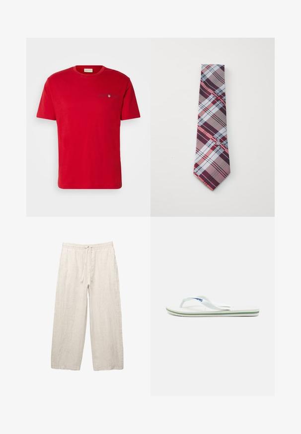 Sötétkék kötött pulóver, kerek nyakkal, hosszú ujjakkal és bordázott mandzsettákkal. A mellkason egy kis hímzett logó található.; Piros pamut póló rövid ujjakkal, kerek nyakkivágással és kicsi sötétkék logóval a mellkason. Sima textúra, laza szabás.; Világos bézs színű vászonnadrág, rugalmas derékkal, húzózsinórral, széles lábszárral és oldalsó zsebekkel. Simás textúra.; Fehér papucs texturált talpbetéttel, vékony pántokkal és sokszínű díszcsíkkal a talpon. A pánton logó található.; Kockás nyakkendő, burgundi, szürke, kék és piros csíkos mintázattal. Simaságot sugárzó anyagból készült, hegyes végű.