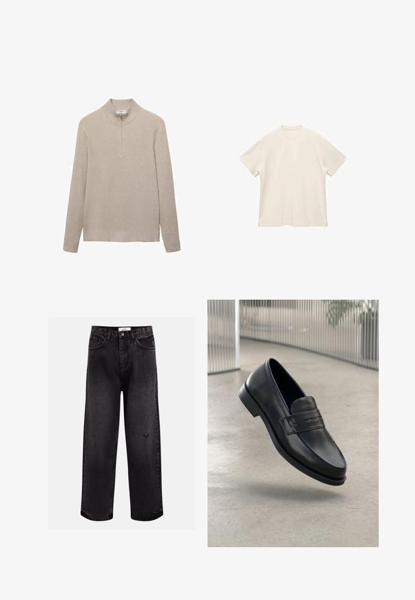 Beige geribbelde trui met een hoge kraag en eenhalve ritssluiting. Lange mouwen en een aansluitende zoom benadrukken de textuurrijke uitstraling.; Korte mouwen, ronde hals t-shirt van zacht, off-white stof, met een gladde textuur en zijsplitten voor een ontspannen pasvorm.; Zwarte denim jeans met een wijde pijp, voorzien van vijf zakken, een gestikt tailleband en een subtiele logo-detail bij de knie.; Zwarte leren loafer met een gladde textuur, spitse neus en een decoratieve band over de wreef. Lichtgewicht zool, minimalistisch ontwerp.