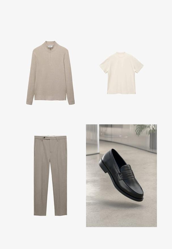 Beige geribbelde trui met een hoge kraag en eenhalve ritssluiting. Lange mouwen en een aansluitende zoom benadrukken de textuurrijke uitstraling.; Korte mouwen, ronde hals t-shirt van zacht, off-white stof, met een gladde textuur en zijsplitten voor een ontspannen pasvorm.; Beige op maat gemaakte broeken met een gladde textuur, rechte pasvorm en een enkele sluiting met knoop aan de voorkant. Voorzien van zijzakken en een nette zoom.; Zwarte leren loafer met een gladde textuur, spitse neus en een decoratieve band over de wreef. Lichtgewicht zool, minimalistisch ontwerp.