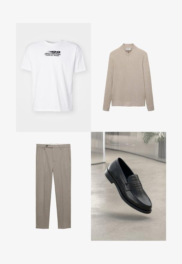 Beżowy sweter z żeberkowym wzorem, z wysokim kołnierzem i zapięciem na pół zamka. Długie rękawy i dopasowany fason podkreślają teksturowany wygląd.; Biała bawełniana koszulka z krótkim rękawem, z czarnym nadrukiem graficznym, na którym widnieje napis "Mistrzostwa Świata w Piłkarzykach Coupe du Monde".; Beżowe dopasowane spodnie o gładkiej fakturze, prostym kroju i pojedynczym zapięciem na guzik z przodu. Posiadają kieszenie boczne i czysty dół.; Czarna skórzana wsuwana półbut, o gładkiej fakturze, spiczastym nosku i ozdobnym paskiem na podbiciu. Lekka podeszwa, minimalistyczny design.