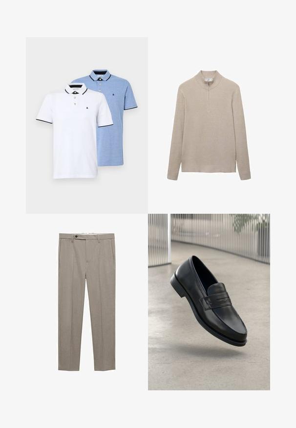 Beżowy sweter z żeberkowym wzorem, z wysokim kołnierzem i zapięciem na pół zamka. Długie rękawy i dopasowany fason podkreślają teksturowany wygląd.; Dwie koszulki polo: jedna biała z czarnymi akcentami, druga w jasnoniebieskim melanżu. Każda z nich ma kołnierzyk oraz zapięcie na dwa guziki z logo.; Beżowe dopasowane spodnie o gładkiej fakturze, prostym kroju i pojedynczym zapięciem na guzik z przodu. Posiadają kieszenie boczne i czysty dół.; Czarna skórzana wsuwana półbut, o gładkiej fakturze, spiczastym nosku i ozdobnym paskiem na podbiciu. Lekka podeszwa, minimalistyczny design.