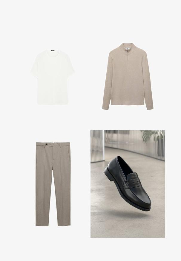 Beige gerippter Pullover mit hohem Kragen und halbem Reißverschluss. Lange Ärmel und ein figurbetonter Saum ergänzen das strukturierte Aussehen.; Weißes T-Shirt mit kurzen Ärmeln aus weichem Stoff. Es hat einen klassischen Rundhalsausschnitt und eine gerade Schnittführung, ohne sichtbare Muster oder Akzente.; Beige maßgeschneiderte Hose mit glatter Textur, geradem Schnitt und einem einzigen Knopfverschluss vorne. Verfügt über seitliche Taschen und einen sauberen Saum.; Schwarzer Lederloafer mit glatter Textur, spitzer Zehe und einem dekorativen Riemen über dem Rist. Leichte Sohle, minimalistisches Design.