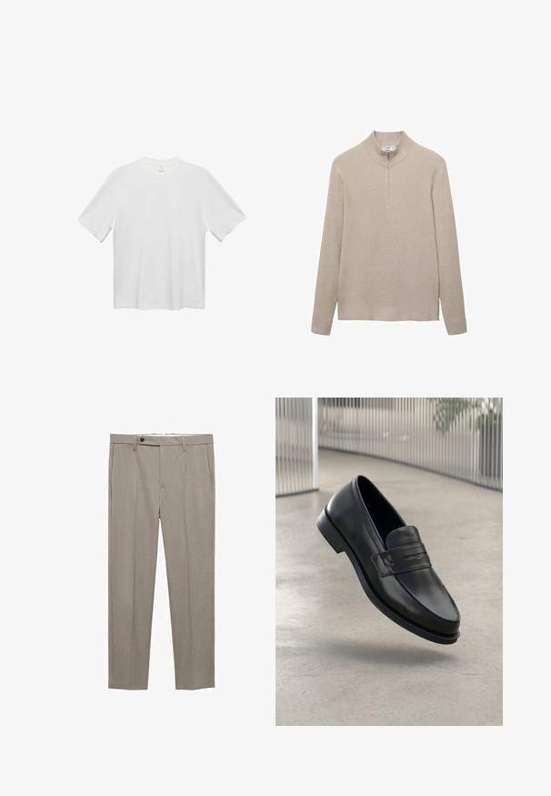 Beige ribbed sweater with a high collar and half-zip closure. Long sleeves and a fitted hem design enhance the textured appearance.; White cotton t-shirt with a crew neck, short sleeves, and a relaxed fit. Smooth texture, no patterns or accents. Simple, classic design.; Beige tailored trousers with a smooth texture, straight fit, and a single front button closure. Features side pockets and a clean hem.; Black leather loafer with smooth texture, pointed toe, and a decorative strap across the instep. Lightweight sole, minimal design.
