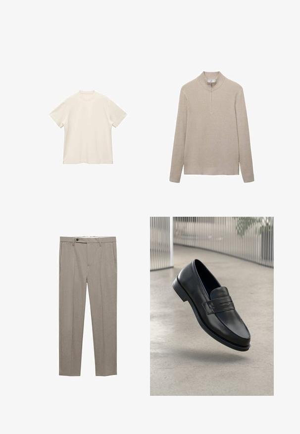 Beige ribbed sweater with a high collar and half-zip closure. Long sleeves and a fitted hem design enhance the textured appearance.; Short-sleeve, crew-neck t-shirt in soft, off-white fabric, featuring a smooth texture and side slits for a relaxed fit.; Beige tailored trousers with a smooth texture, straight fit, and a single front button closure. Features side pockets and a clean hem.; Black leather loafer with smooth texture, pointed toe, and a decorative strap across the instep. Lightweight sole, minimal design.