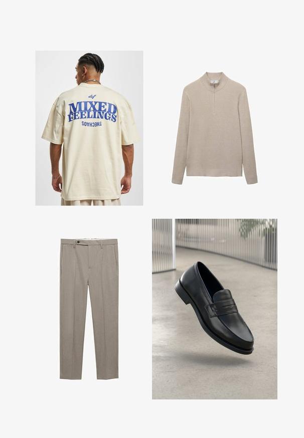 Beige ribbed sweater with a high collar and half-zip closure. Long sleeves and a fitted hem design enhance the textured appearance.; DEF MIXED - Print T-shirt - beige; Beige tailored trousers with a smooth texture, straight fit, and a single front button closure. Features side pockets and a clean hem.; Black leather loafer with smooth texture, pointed toe, and a decorative strap across the instep. Lightweight sole, minimal design.