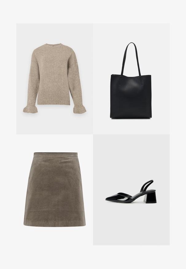 Bež pleteni pulover s krožnim izrezom, rebrasto teksturo, dolgimi rokavi in razširjenimi manšetami. Preprost dizajn brez okrasnih elementov.; Khaki korduroj mini krilo s ravno obliko, gladko teksturo in preprostim elastikom, ki vsebuje vertikalne rebraste črte po celotni površini.; Črne lakirane slingback pete s koničastim nosom in geometrijsko blokasto peto. Imajo eleganten, minimalističen dizajn in gladko teksturo.; Črna usnjena torba s svilnato teksturo, pravokotne oblike in dvema dolgima ročajema. Brez vidnih metalnih delov ali okrasnih elementov.