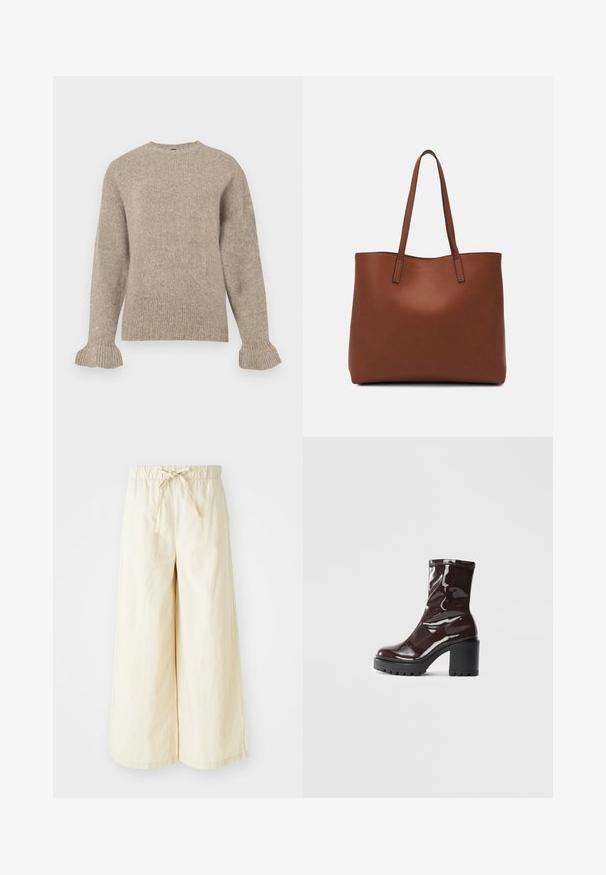 Sweater bege de malha com decote redondo, textura canelada, mangas longas e punhos flare. Design simples sem embellishments.; Calças largas em tecido beige macio e leve. Apresentam uma cintura elástica com um cordão frontal para um ajuste ajustável. Textura suave.; Bota de tornozelo burgundy brilhante com um salto preto robusto, apresentando uma textura suave e um design simples. Sem fechos ou padrões visíveis.; Bolsa tote de couro castanho com uma textura suave, design de abertura superior e duas alças para o ombro. Apresenta costura mínima e sem hardware visível.