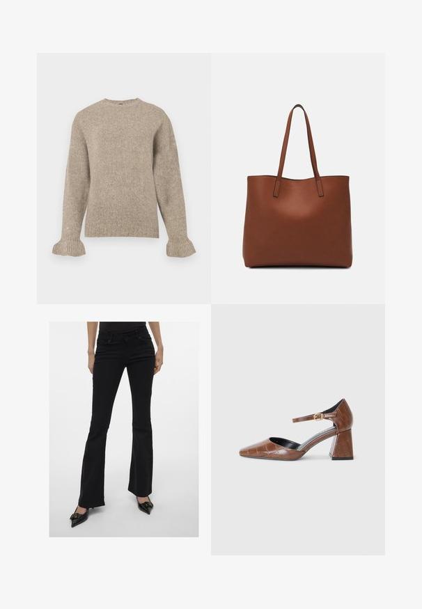 Beżowy sweter dzianinowy z okrągłym dekoltem, prążkowaną fakturą, długimi rękawami i rozszerzającymi się mankietami. Prosty design bez ozdób.; Czarne dżinsy w fasonie flare z dopasowanym krojem, pięcioma kieszeniami i subtelnych przeszyciami. Wykonane z denimu, z średnim stanem.; Brązowy lakierowany zamszowy szpilki z kwadratowym noskiem, teksturowanym wzorem krokodyla, paskiem na kostkę z złotą klamrą i masywnym obcasem.; Brązowa skórzana torba tote o gładkiej fakturze, z otwartym wierzchem i dwoma ramiączkami. Charakteryzuje się minimalnym przeszyciem i brakiem widocznych elementów metalowych.