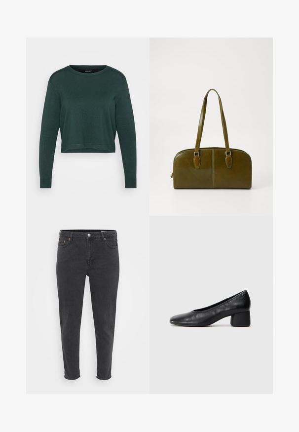 Sötétzöld, rövidített pulóver kerek nyakkal és hosszú ujjal, kötött textúrával, bordás szegéllyel és mandzsettával.; Feszes szabású fekete farmernadrág elülső gombbal és cipzárral, övbújtatókkal és öt zsebbel, egyszerű világos háttér előtt bemutatva.; Fekete bőr magassarkú cipő, lekerekített orral és közepes blokk sarkú. Simább textúrájú, minimális díszítéssel, finom elasztikus nyílással.; Oliva zöld bőr kézitáska kerek formával, dupla fogantyúval és sima elülső résszel. Jellemzője a sima textúra és a diszkrét varrási részletek.; Ezüst fém fülbevalók hullámos, szobrászati kialakítással, fényes felülettel és szabálytalan formákkal, amelyek a kortárs esztétikát hangsúlyozzák.