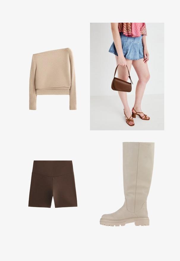 Beige bordázott pulóver aszimmetrikus kialakítással, hosszú ujjakkal és rövid szabással. Puha tapintás, enyhe rugalmassággal.; Barna sportnadrág, magas derékkal, rugalmas anyagból készült, sima tapintású és egyszerű mintázat nélküli dizájnnal.; Krémszínű, térd fölé érő csizma sima bőrből, lekerekített orral és barázdált textúrájú tömör gumitalppal. Tiszta vonalak és minimalista dizájn jellemzi.; Barna műbőr kézitáska ívelt formával és rövid fogantyúval, amelyet egy farmer sortot és világosbarna szandált viselő személy tart.