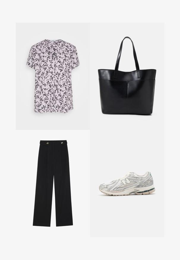 Light pink knit sweater with a round neckline, raglan sleeves, and ribbed cuffs. The texture is soft with a relaxed fit and minimal detailing.; Esprit V NECK - Print T-shirt - lavender; Black wide-leg trousers with high waist, button details on waistband, and front pleats.; Running shoe features a silver and white mesh upper with a green accent. The sole is chunky and textured, designed for cushioning and support.; Black leather tote bag with two long handles, a smooth texture, and a structured shape. Features a front pocket for additional storage.