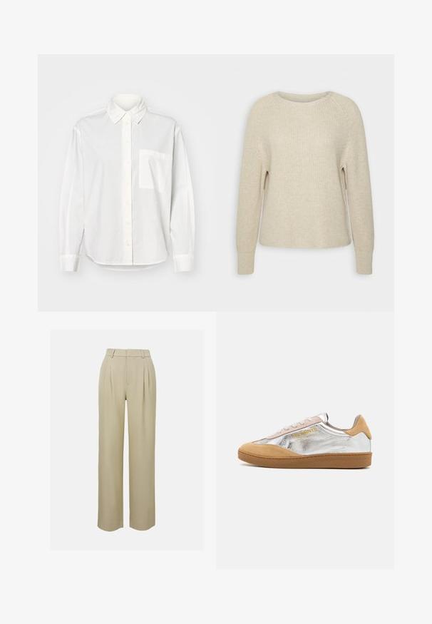 Világos rózsaszín kötött pulóver kerek nyakkal, raglán ujjal és bordás mandzsettával. A textúra puha, laza illeszkedésű és minimális díszítéssel rendelkezik.; Fehér, hosszú ujjú ing, gombos gallérral, elöl gombos záródással és bal oldali mellzsebbel. Sima anyagból készült, laza szabással.; Sima szövetből készült bézs, bő szárú nadrág, elöl redőkkel, szabott derékkal és oldalsó zsebekkel. Tiszta szegés.; Ezüst és homokszínű velúrból készült sneaker, texturált gumitalppal, bézs fűzővel és sárga logóval az oldalon.