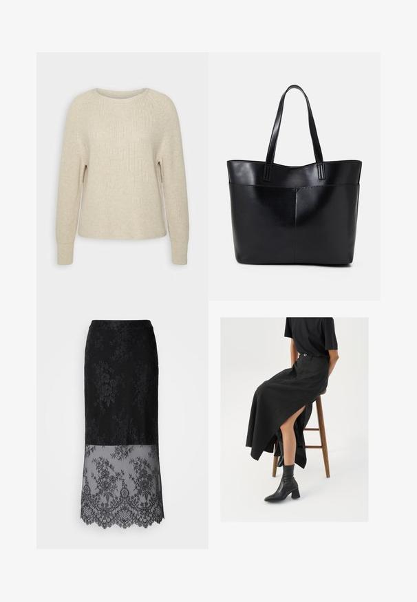 Lichtroze gebreide trui met een ronde halslijn, raglanmouwen en ribgebreide manchetten. De stof is zacht met een ontspannen pasvorm en minimale details.; Zwarte kanten rok met een bloemmotief, voorzien van een doorschijnend onderste gedeelte met gegolfde zoom, een gladde tailleband en een getailleerd silhouet.; Zwarte linnen maxi rok met een hoge split, gedragen met een zwart T-shirt en zwarte enkellaarsjes. Minimalistisch ontwerp met een relaxte pasvorm.; Zwarte leren tote bag met twee lange handvatten, een zachte textuur en een gestructureerde vorm. Voorzien van een voorvak voor extra opslagruimte.
