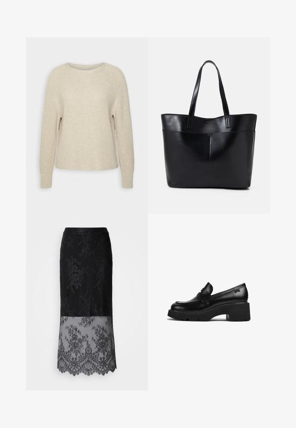 Gaiši rozā adīts džemperis ar apaļu dekoltēju, raglāna piedurknēm un ribotām aprocēm. Tekstūra ir mīksta ar brīvu piegriezumu un minimālu apdari.; Melna mežģīņu svārku ar ziedu rakstu, kas satur caurspīdīgu apakšējo daļu ar viļņotu apakšmalu, gludu jostu un pieguļošu siluetu.; Melnas ādas chunky papēža loafers ar biezu zoli un siksniņas detaļu pāri augšai, attēlots no sāna uz baltas fona.; Melnas ādas iepirkumu soma ar divām garām rokturām, gludu tekstūru un strukturētu formu. Iekļauj priekšējo kabatu papildu uzglabāšanai.
