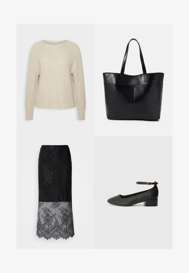 Lyserød strikket sweater med rund halsudskæring, raglanærmer og ribbede manchetter. Teksturen er blød med en afslappet pasform og minimal detaljering.; Sort blondekjole med blomstermønster, der har en gennemsigtig undersektion med scallopkant, glat talje og tætsiddende silhuet.; Sorte læderpumper med spids tå og en lav blokhæl. Har en ankelrem med en guldfarvet spænde. Glat tekstur.; Sort læder tote taske med to lange håndtag, en glat tekstur og en struktureret form. Har en forlommem for ekstra opbevaring.