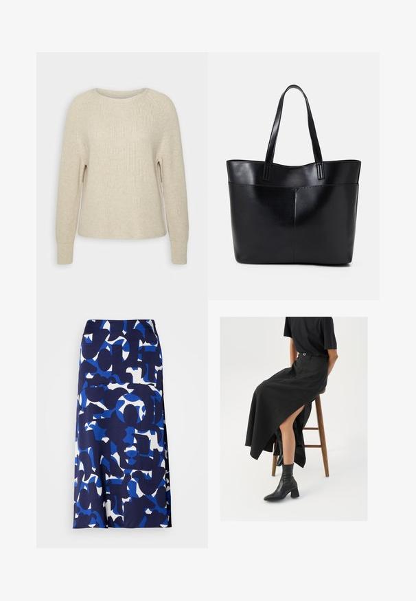 Hellrosa Strickpullover mit rundem Ausschnitt, Raglanärmeln und gerippten Bündchen. Die Textur ist weich, der Schnitt locker und die Details sind minimal.; Ein knielanger Rock aus glattem Stoff mit einem navyblauen Grundton, der durch kräftige blaue und weiße abstrakte Formen und Muster geprägt ist.; Schwarzer Leinen-Maxi-Rock mit hohem Schlitz, getragen mit einem schwarzen T-Shirt und schwarzen Knöchelstiefeln. Minimalistisches Design mit lockerer Passform.; Schwarze Leder-Shopper-Tasche mit zwei langen Griffen, einer glatten Textur und einer strukturierten Form. Verfügt über eine Vordertasche für zusätzlichen Stauraum.