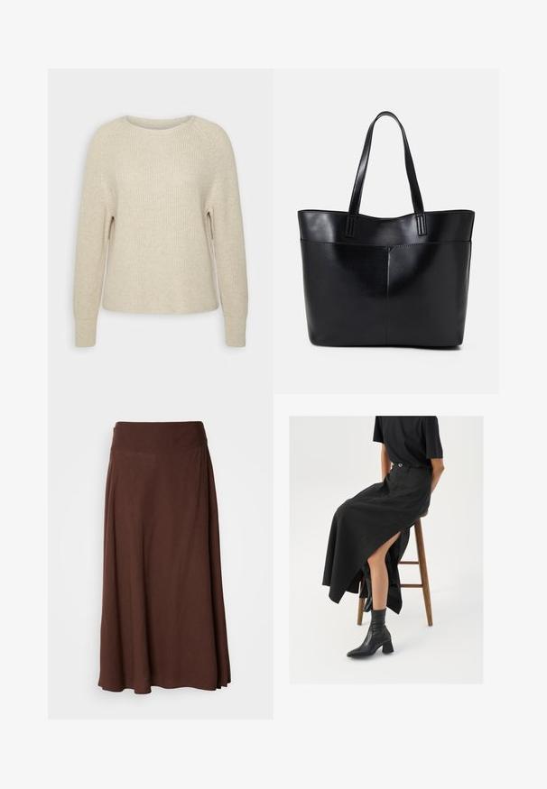 Hele roosa kootud sviiter, millel on ümar kaelus, raglanvarrukad ja soonikkoes varrukalõpud. Tekstuur on pehme, mugava lõikega ja minimaalsete detailidega.; Pruun maxi seelik, millel on sile tekstuur, lai elastne vöökoht ja voolav disain, sobib igapäevaseks või poolametlikuks kandmiseks.; Must mustriga mustri, kõrge lõhiku ja musta T-särgiga, koos mustade ankle kingadega. Minimalistlik disain, lõtv istuvus.; Must mustaga musta nahast, millel on kaks pikka kanda, sile tekstuur ja struktureeritud kuju. Esipoolsel on lisakoti jaoks tasku.