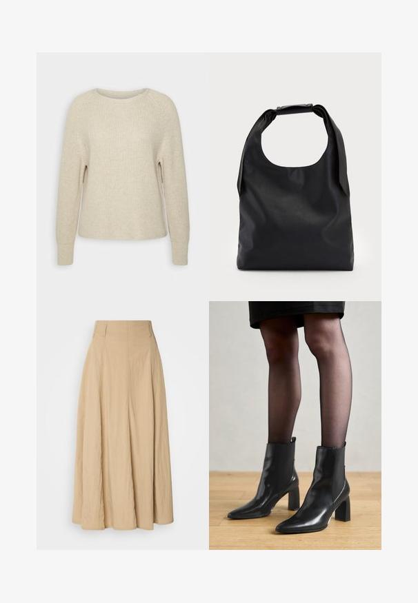 Šviesiai rožinė megzta palaidinė su apvaliu iškirpimu, raglaninėmis rankovėmis ir raukšlėtomis rankogaliais. Audinys minkštas, su laisvu kirpimu ir minimaliais dekoratyviniais elementais.; Šviesiai ruda, aukštai užsirištas maksi sijonas, pagamintas iš tekstūruotos medžiagos, su raukšlėmis, kurios teka žemyn, turintis švarų, paprastą dizainą be matomų raštų.; Juodos odinės aulinės botai su smailiu priekiniu galiuku, masyviu kvadratiniu kulnu ir elegantišku dizainu. Yra elastingos šoninės detalės, kad būtų lengva užsidėti.; Juoda odinė hobo tipo rankinė su viena minkšta, apvalia rankena; pasižymi lygiu paviršiumi ir minimalizmu. Nėra matomų detalių ar akcentų.; Aukso žiedo auskarai su tekstūruotu, netaisyklingu paviršiumi. Yra be siūlių užsegimas ir poliruotas paviršius, akcentuojantis modernų dizainą.