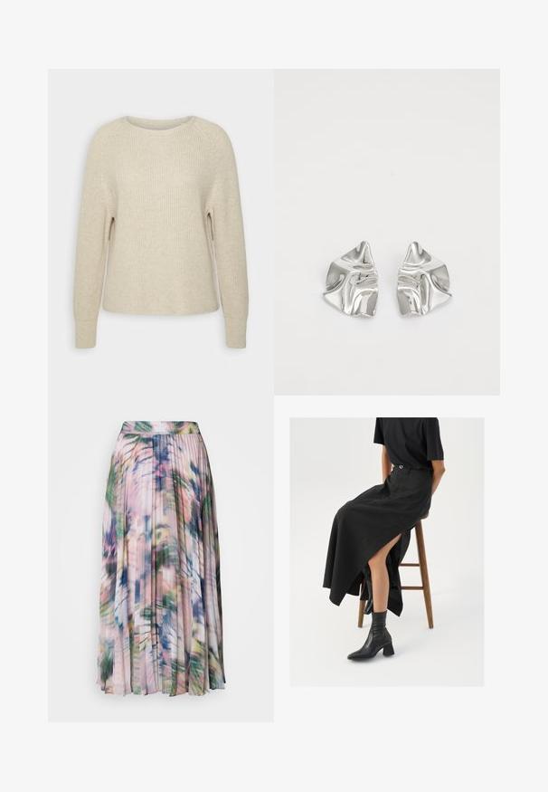 Vaaleanpunainen neulepaita, jossa on pyöreä pääntie, raglan-hihat ja ribbikuvioidut hihat. Tekstuuri on pehmeä, rento istuvuus ja vähäiset yksityiskohdat.; Pleated midi-hame kevyessä, läpikuultavassa kankaassa. Siinä on monivärinen abstrakti kukkakuosi, jossa on vaaleanpunaisia, vihreitä ja sinisiä sävyjä.; Musta pellavasta valmistettu maxi-hame, jossa on korkea halkio, puettuna mustan t-paidan ja mustien nilkkabootsien kanssa. Minimalistinen muotoilu, rento istuvuus.; Hopeakauppaketju, jossa on aaltoileva, veistoksellinen muotoilu ja kiiltävä pinta, esittelee epäsäännöllisiä muotoja, korostaen nykyaikaista estetiikkaa.