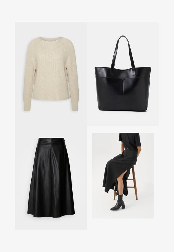 Hele roosa kootud sviiter, millel on ümar kaelus, raglanvarrukad ja soonikkoes varrukalõpud. Tekstuur on pehme, mugava lõikega ja minimaalsete detailidega.; Must mustrekk, millel on laienev disain, põlvini ulatuv, sujuva tekstuuriga ja puhta õmbluste struktuuriga selg, mis annab kohandatud ilme.; Must mustriga mustri, kõrge lõhiku ja musta T-särgiga, koos mustade ankle kingadega. Minimalistlik disain, lõtv istuvus.; Must mustaga musta nahast, millel on kaks pikka kanda, sile tekstuur ja struktureeritud kuju. Esipoolsel on lisakoti jaoks tasku.