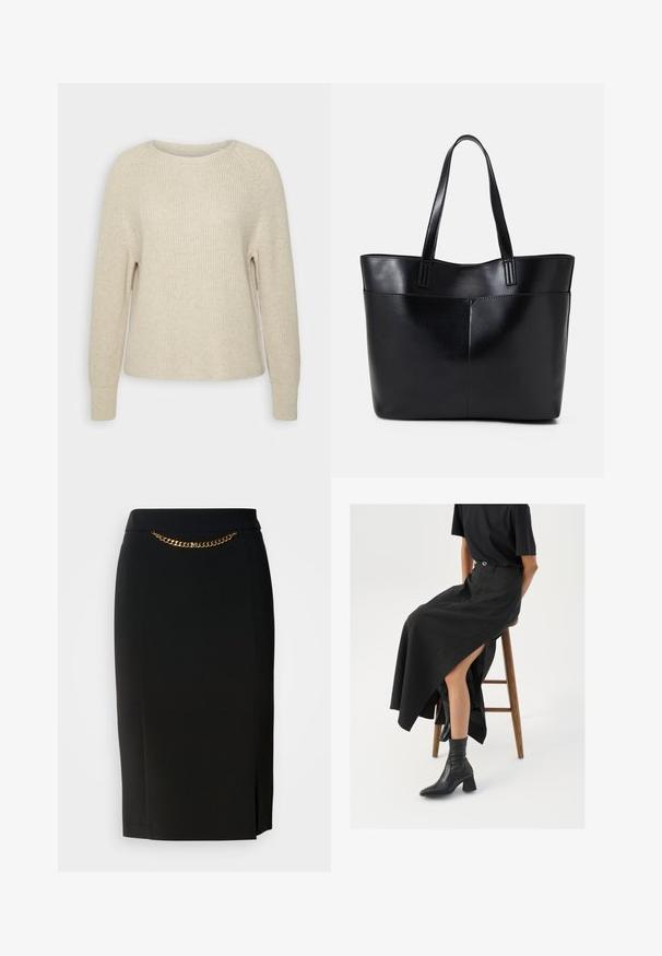 Világos rózsaszín kötött pulóver kerek nyakkal, raglán ujjal és bordás mandzsettával. A textúra puha, laza illeszkedésű és minimális díszítéssel rendelkezik.; Fekete ceruza szoknya enyhe hasítékkal, arany lánc részlettel a deréknál. Simító, elasztikus anyagból készült a kényelem érdekében.; Fekete len maxi szoknya magas hasítékkal, fekete pólóval és fekete bokacsizmával viselve. Minimalista dizájn, laza illeszkedéssel.; Fekete bőr bevásárlótáska két hosszú fogantyúval, sima felülettel és strukturált formával. Elülső zseb található rajta a plusz tárolás érdekében.