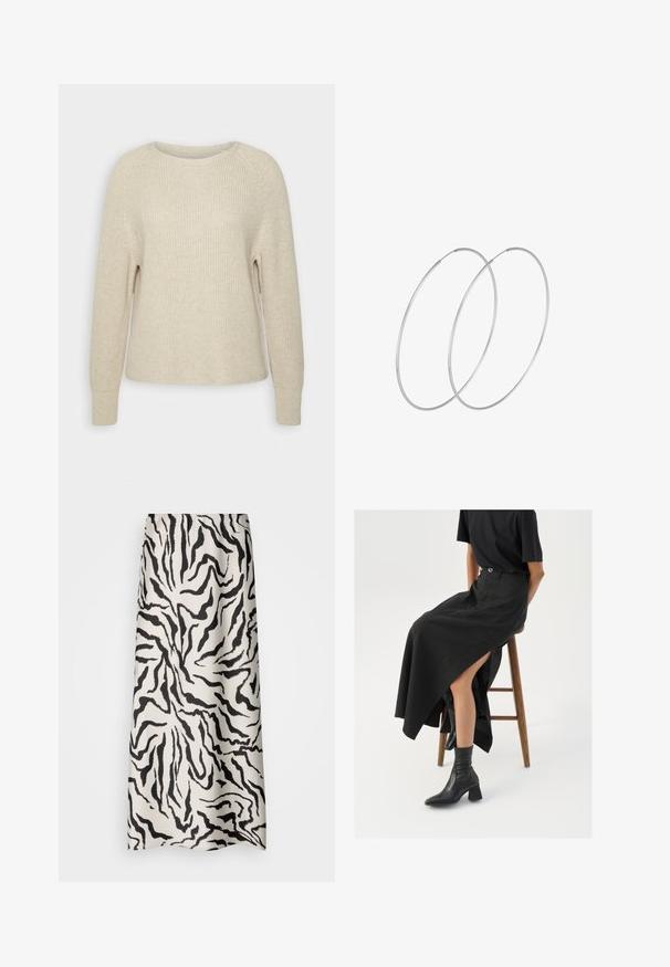 Světle růžový pletený svetr s kulatým výstřihem, raglánovými rukávy a žebrovanými manžetami. Textura je jemná, s volným střihem a minimálním zdobením.; Maxi sukně vyrobená z krémové tkaniny s černým pruhovaným vzorem tygra. Hladká textura s elastickým pasem, sahající až na plnou délku.; Černá maxi sukně z lnu s vysokým rozparkem, nošená s černým tričkem a černými kotníkovými botami. Minimalistický design s volným střihem.; Stříbrné kruhové náušnice s minimalistickým designem. Kruh, hladký povrch a tenký profil. Lehká konstrukce s lesklým povrchem.