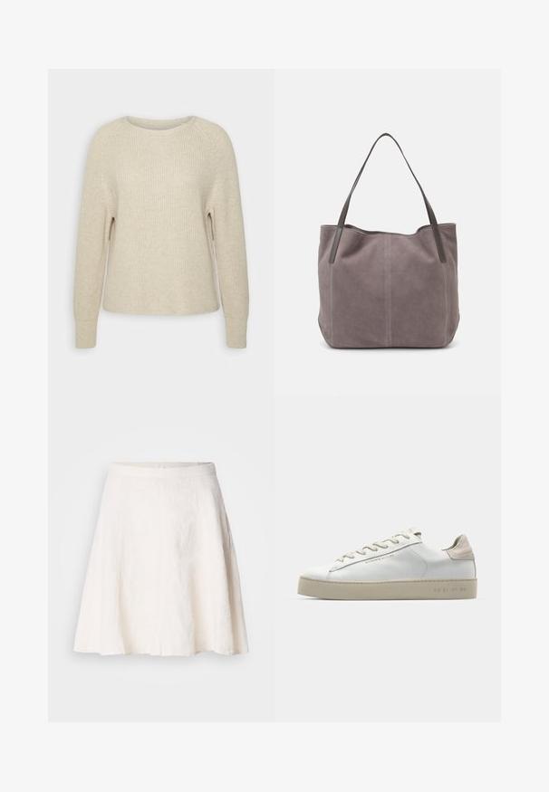 Lyserød strikkegenser med rund halsudskæring, raglanærmer og ribbede manchetter. Teksturen er blød med en afslappet pasform og minimal dekoration.; Hvit lin skjørt med et flytende A-linje design. Har en glatt midjebånd og lett tekstur med subtile rynker.; Hvit lær sneakers med en glatt finish, aksenter i beige semsket skinn, rund tå, flat snøring og en teksturert gummisåle.; Grå semsket toteveske med to mørke lærhåndtak. Har sømdetaljer på sidene, myk tekstur og en romslig åpning.; Fire sølvringer med varierende design: vridd ring, lagdelte kurver, delikate krystaller, og en glatt ring med små detaljer.