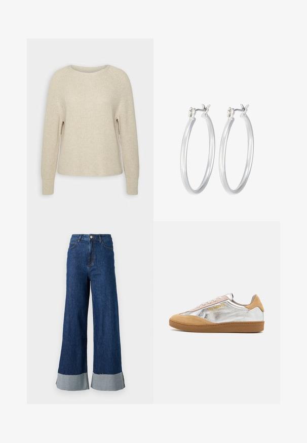 Hele roosa kootud sviiter, millel on ümar kaelus, raglanvarrukad ja soonikkoes varrukalõpud. Tekstuur on pehme, mugava lõikega ja minimaalsete detailidega.; Laiad denim püksid tumeda sinise pesuga, millel on kontrastne helesinine põlveosa ja klassikaline viie taskuga disain.; Hõbedane ja beež nubukist toss, millel on tekstuuriga kummitald, beežid paelad ja külje peal kollane logo.; Hõbedased rõngaskõrvarõngad, millel on sile, läikiv viimistlus. Ümmargune kuju ja turvaline klõpsulatus. Kerge disain, sobib igapäevaseks kandmiseks.