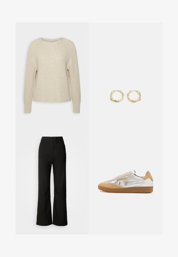 Maglione a maglia di un delicato rosa con scollatura rotonda, maniche raglan e polsini a costine. La texture è morbida, con una vestibilità rilassata e dettagli minimi.; Pantaloni neri a gamba larga con texture liscia, vita alta e design semplice. Nessuna tasca visibile o decorazioni.; Sneaker in suede argento e beige con suola in gomma testurizzata, lacci beige e logo stampato in giallo sul lato.; Orecchini a cerchio in oro con una forma irregolare e texture. Presentano una chiusura senza giunture e una finitura superficiale lucida, che enfatizza un design moderno.