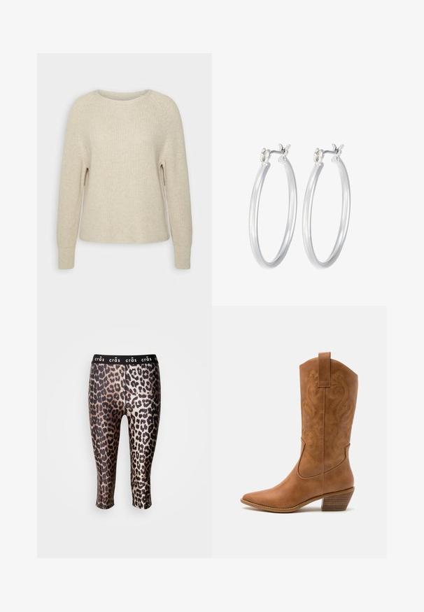 Light pink knit sweater with a round neckline, raglan sleeves, and ribbed cuffs. The texture is soft with a relaxed fit and minimal detailing.; Cropped leggings made of stretchy fabric featuring a black and gold leopard print with a black elastic waistband.; Tan leather cowboy boot with pointed toe, embroidered swirl patterns on shaft, and a stacked block heel. Features a pull tab for easy wear.; Silver hoop earrings with a smooth, polished finish. Round shape and secure click-top closure. Lightweight design suitable for everyday wear.