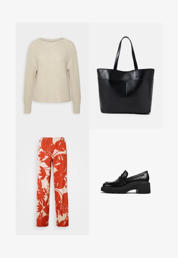 Světle růžový pletený svetr s kulatým výstřihem, raglánovými rukávy a žebrovanými manžetami. Textura je jemná, s volným střihem a minimálním zdobením.; Široké kalhoty s květinovým vzorem v červené a krémové barvě se elastickým pasem. Tkanina má hladkou strukturu a obsahuje velké motivy listů a květin.; Černý kožený mokasín s robustním podpatkem a silnou podrážkou, s páskovým detailem přes horní část, zobrazený z boku na bílém pozadí.; Černá kožená taška s dlouhými ušima, hladkým povrchem a strukturovaným tvarem. Obsahuje přední kapsu pro další úložný prostor.; Stříbrné kruhové náušnice s minimalistickým designem. Kruh, hladký povrch a tenký profil. Lehká konstrukce s lesklým povrchem.