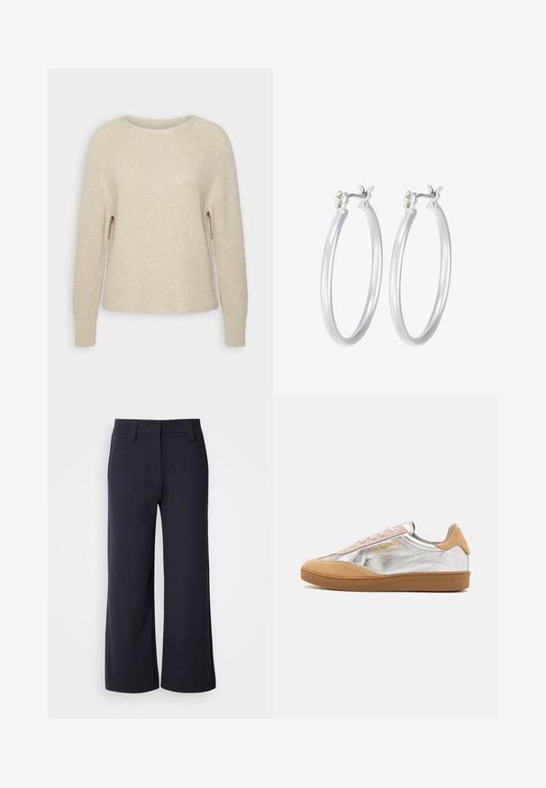 Světle růžový pletený svetr s kulatým výstřihem, raglánovými rukávy a žebrovanými manžetami. Textura je jemná, s volným střihem a minimálním zdobením.; Kalhoty širokého střihu v tmavě modré látce. Mají plochý přední díl, poutka na opasek a boční kapsy. Materiál je hladký s mírným strečem.; Stříbrné a béžové semišové tenisky s texturovanou gumovou podrážkou, béžovými tkaničkami a logem tištěným žlutě na boku.; Stříbrné kruhové náušnice s hladkým, lesklým povrchem. Kulatý tvar a bezpečné zapínání na klip. Lehký design vhodný pro každodenní nošení.
