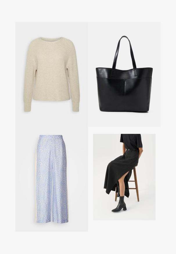 Hellrosa Strickpullover mit rundem Ausschnitt, Raglanärmeln und gerippten Bündchen. Die Textur ist weich, der Schnitt locker und die Details sind minimal.; Hellblaue, weit geschnittene Hose mit einem strukturierten floralen Muster in Weiß. Hergestellt aus weichem Stoff mit einer glatten Oberfläche und einem hochgeschnittenen Design.; Schwarzer Leinen-Maxi-Rock mit hohem Schlitz, getragen mit einem schwarzen T-Shirt und schwarzen Knöchelstiefeln. Minimalistisches Design mit lockerer Passform.; Schwarze Leder-Shopper-Tasche mit zwei langen Griffen, einer glatten Textur und einer strukturierten Form. Verfügt über eine Vordertasche für zusätzlichen Stauraum.