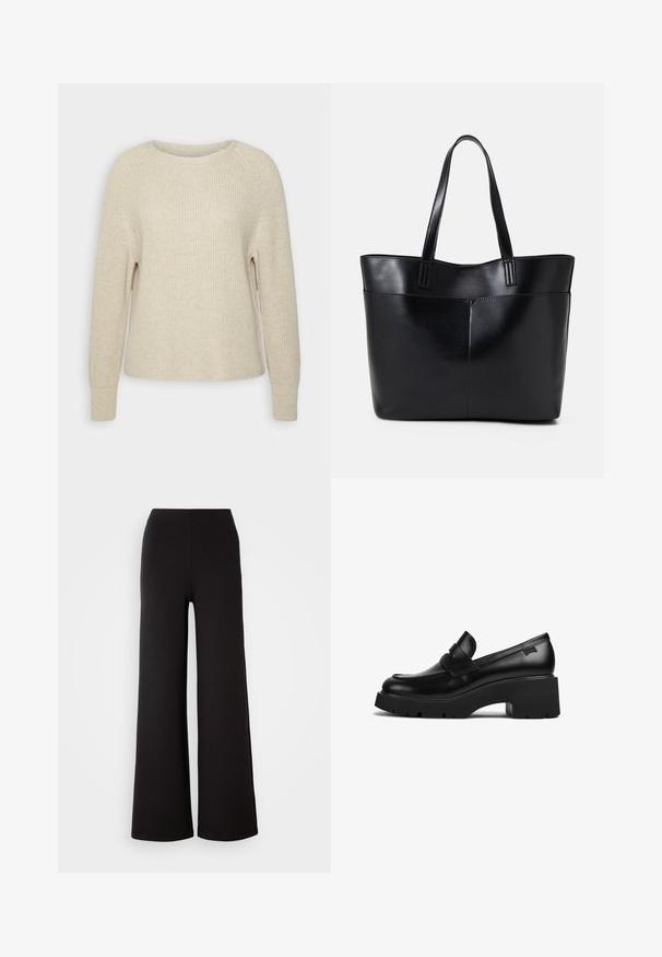 Gaiši rozā adīts džemperis ar apaļu dekoltēju, raglāna piedurknēm un ribotām aprocēm. Tekstūra ir mīksta ar brīvu piegriezumu un minimālu apdari.; Melni, platajām kājām bikses, kas izgatavotas no mīksta auduma ar gludu tekstūru un elastīgu jostu, ar vienkāršu dizainu bez redzamām aizdarenēm.; Melnas ādas chunky papēža loafers ar biezu zoli un siksniņas detaļu pāri augšai, attēlots no sāna uz baltas fona.; Melnas ādas iepirkumu soma ar divām garām rokturām, gludu tekstūru un strukturētu formu. Iekļauj priekšējo kabatu papildu uzglabāšanai.