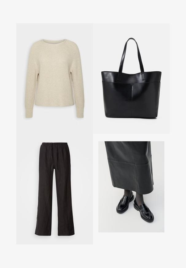 Šviesiai rožinė megzta palaidinė su apvaliu iškirpimu, raglaninėmis rankovėmis ir raukšlėtomis rankogaliais. Audinys minkštas, su laisvu kirpimu ir minimaliais dekoratyviniais elementais.; Juodos, laisvos kelnės su elastinga juostele ir raišteliu. Pagamintos iš lengvos medžiagos su glotnia tekstūra ir tiesiomis kojomis.; Juodos odinės loafer bateliai su glotniu paviršiumi, dekoratyvine juostele, apvalia nosimi ir tekstūruotu padu. Dėvimi su ilga juoda odine sijonu.; Juoda odinė rankinė su dviem ilgais diržais, lygiu paviršiumi ir struktūrizuota forma. Yra priekinė kišenė papildomam saugojimui.