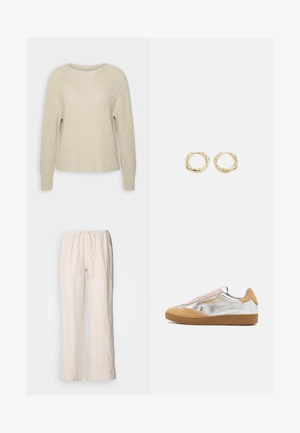 Svetlo roza pleteni pulover z okroglim izrezom, raglan rokavi in rebrasti manšeti. Tekstura je mehka z ohlapnim krojem in minimalnimi detajli.; Linen, svetlo bež hlače širokih nogavic z elastičnim pasom in detajlom vrvice. Imajo teksturirano, rahlo zmečkano površino.; Srebrne in bež nubuk teniske z teksturiranim gumijastim podplatom, bež vezalkami in logotipom natisnjenim v rumeni barvi ob strani.; Zlate obročaste uhane z teksturirano, nepravilno obliko. Imajo brezšivno zapiranje in poliširano površinsko obdelavo, kar poudarja sodoben dizajn.