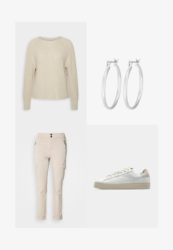 Hellrosa Strickpullover mit rundem Ausschnitt, Raglanärmeln und gerippten Bündchen. Die Textur ist weich, der Schnitt locker und die Details sind minimal.; Beige Cargo-Hosen mit schmalem Schnitt, ausgestattet mit zwei vorderen Reißverschluss-Taschen und seitlichen Cargo-Taschen. Das Material wirkt weich mit einem leichten Glanz.; Weiße Leder-Sneaker mit glatter Oberfläche, beigen Wildleder-Akzenten, runder Zehenpartie, flachem Schnürdesign und einer strukturierten Gummisohle.; Silberne Creolen mit einer glatten, polierten Oberfläche. Runder Form und sicherem Klickverschluss. Leichtes Design, geeignet für den täglichen Gebrauch.