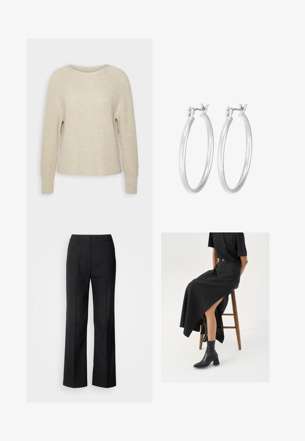 Šviesiai rožinė megzta palaidinė su apvaliu iškirpimu, raglaninėmis rankovėmis ir raukšlėtomis rankogaliais. Audinys minkštas, su laisvu kirpimu ir minimaliais dekoratyviniais elementais.; Scotch & Soda CORE EDIE - Kelnės - black; Juoda lininė maksi sijonas su aukštu plyšiu, vilkimas su juodu marškinėliu ir juodais aulinukais. Minimalistinis dizainas su laisvu siluetu.; Sidabriniai auskarai su sklandžiu, poliruotu paviršiumi. Apvalios formos ir saugus uždarymo mechanizmas. Lengvas dizainas, tinkantis kasdieniam dėvėjimui.