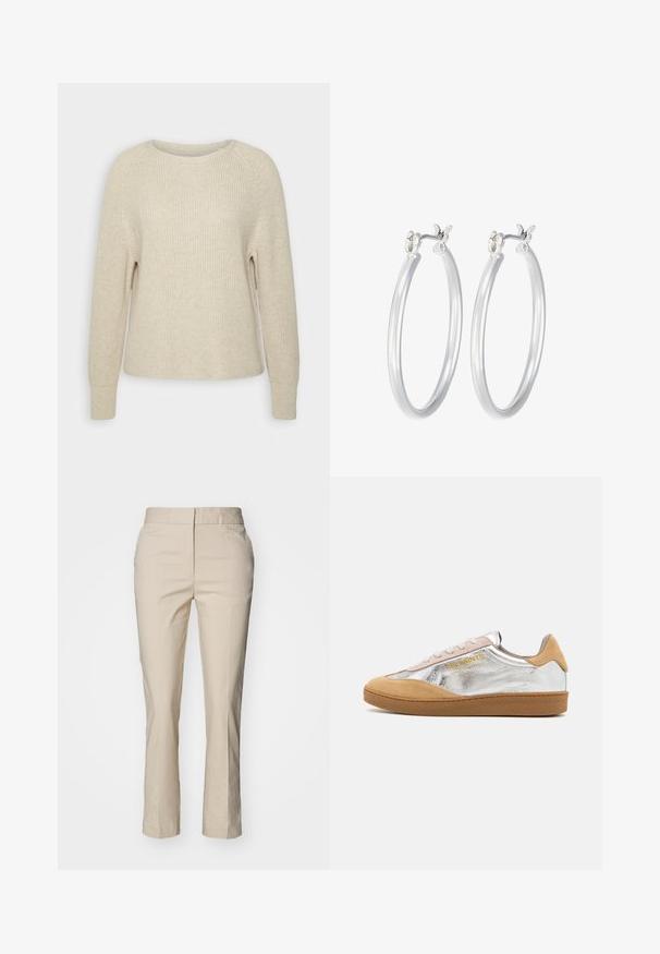 Vaaleanpunainen neulepaita, jossa on pyöreä pääntie, raglan-hihat ja ribbikuvioidut hihat. Tekstuuri on pehmeä, rento istuvuus ja vähäiset yksityiskohdat.; GANT SLIM SLACK - Chinot - soft oat; Hopeiset ja vaaleanruskeat mokkakengät, joissa on teksturoitu kumipohja, beige nauhat sekä keltainen logo painettuna sivulle.; Hope-silver rengas, joissa on sileä ja kiillotettu pinta. Pyöreä muoto ja turvallinen napsautettava lukitus. Kevyt muotoilu sopii päivittäiseen käyttöön.