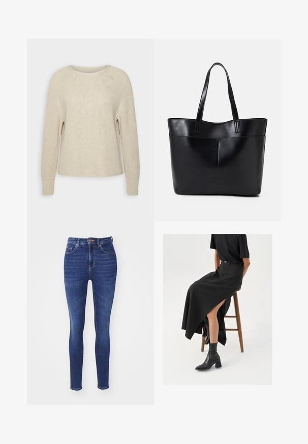 Lyserød strikkegenser med rund halsudskæring, raglanærmer og ribbede manchetter. Teksturen er blød med en afslappet pasform og minimal dekoration.; BOSS MAYE - Jeans Skinny Fit - bright blue; Svart lin maxi skjørt med høyt splitt, brukt med en svart t-skjorte og svarte ankelstøvler. Minimalistisk design med avslappet passform.; Svart lær toteveske med to lange håndtak, en glatt tekstur og en strukturert form. Har en frontlomme for ekstra oppbevaring.