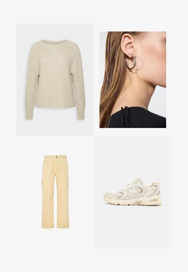 Šviesiai rožinė megzta palaidinė su apvaliu iškirpimu, raglaninėmis rankovėmis ir raukšlėtomis rankogaliais. Audinys minkštas, su laisvu kirpimu ir minimaliais dekoratyviniais elementais.; Šviesiai geltoni cargo džinsai su tiesia kojų forma, turintys šonines kišenes ir kontrastingas siūles palei siūlių kraštus. Patvari medvilnė.; Beigi sportiniai bateliai su tinkleliu ir sintetinėmis detalėmis, turintys tekstūruotą paviršių, paminkštintą apykaklę ir "ABZORB" amortizaciją kulno srityje.; Sidabrinė lankinė auskarai su poliruotu paviršiumi, turintys mažus auksinius akcentus ir apvalią formą, dėvimi ant ausies kaušelio.