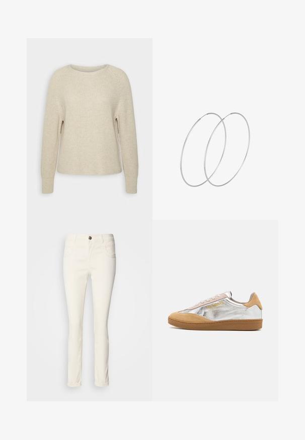 Jasnoróżowy sweter dzianinowy z okrągłym dekoltem, rękawami raglanowymi i prążkowanymi mankietami. Tekstura jest miękka, z luźnym krojem i minimalnymi detalami.; Białe, dopasowane jeansy wykonane z mieszanki bawełny. Posiadają pięć kieszeni, zapięcie na guzik oraz gładką, lekko błyszczącą teksturę.; Srebrno-beżowe sneakersy z zamszu z teksturowaną gumową podeszwą, beżowymi sznurówkami i logo nadrukowanym na żółto z boku.; Srebrne kolczyki w formie obręczy o minimalistycznym designie. Okrągły kształt, gładka faktura i cienki profil. Lekkie, z polerowanym wykończeniem.