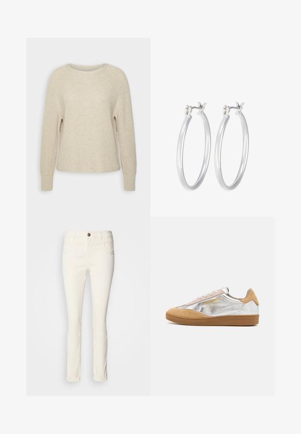 Svijetloružasti pleteni pulover s okruglim izrezom, raglan rukavima i rebrastim manžetama. Tekstura je mekana, s opuštenim krojem i minimalnim detaljima.; Bijele, uske traperice od mješavine pamuka. Imaju pet džepova, kopčanje na dugme i glatku, blago sjajnu teksturu.; Srebrno-tanružasti nubuk tenisice s teksturiranom gumenom potplatom, bež vezicama i logotipom otisnutim u žutoj boji sa strane.; Srebrne kružne naušnice s glatkom, poliranom površinom. Okrugli oblik i sigurno kopčanje na klik. Lagani dizajn pogodan za svakodnevno nošenje.
