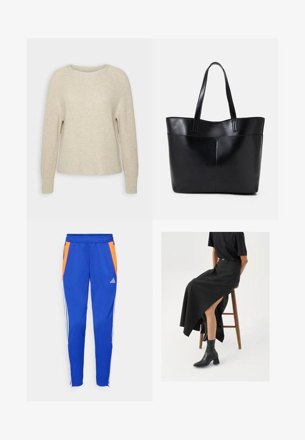 Világos rózsaszín kötött pulóver kerek nyakkal, raglán ujjal és bordás mandzsettával. A textúra puha, laza illeszkedésű és minimális díszítéssel rendelkezik.; Kék sportnadrág narancssárga oldalsó panelekből, fehér csíkokkal az oldalán, gumis derekkal és cipzáras szegélyekkel. Az Adidas logó látható.; Fekete len maxi szoknya magas hasítékkal, fekete pólóval és fekete bokacsizmával viselve. Minimalista dizájn, laza illeszkedéssel.; Fekete bőr bevásárlótáska két hosszú fogantyúval, sima felülettel és strukturált formával. Elülső zseb található rajta a plusz tárolás érdekében.