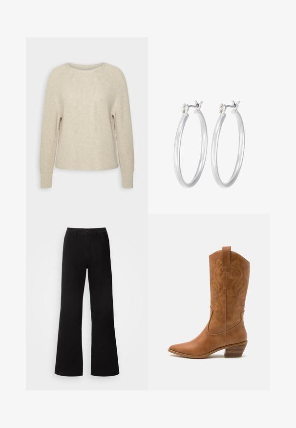 Svijetloružasti pleteni pulover s okruglim izrezom, raglan rukavima i rebrastim manžetama. Tekstura je mekana, s opuštenim krojem i minimalnim detaljima.; Crne proširene hlače od pamuka, s dugmetom kao zatvaračem, petljama za pojas i glatkom teksturom. Jednostavan dizajn bez vidljivih uzoraka.; Smeđe kožne kaubojke s oštrim nosom, izvezenim spiralnim uzorcima na gornjem dijelu i blok petom. Imaju potporu za lakše obuvanje.; Srebrne kružne naušnice s glatkom, poliranom površinom. Okrugli oblik i sigurno kopčanje na klik. Lagani dizajn pogodan za svakodnevno nošenje.