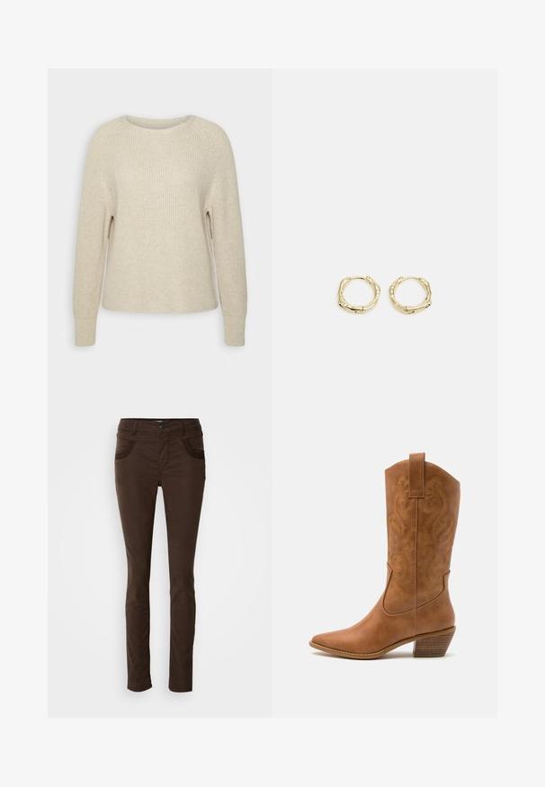 Suéter de punto rosa claro con cuello redondo, mangas raglán y puños de canalé. La textura es suave, con un corte holgado y un detalle mínimo.; Pantalones marrones de corte slim hechos de una mezcla de algodón. Presentan bolsillos frontales con costuras decorativas, un cierre de botón y una textura suave.; Bota de vaquero de cuero marrón claro con punta afilada, patrones de espiral bordados en el tubo y un tacón bloque apilado. Cuenta con una pestaña de agarre para facilitar su uso.; Pendientes de aro de oro con forma irregular y texturizada. Presentan un cierre sin costuras y un acabado pulido, destacando un diseño moderno.
