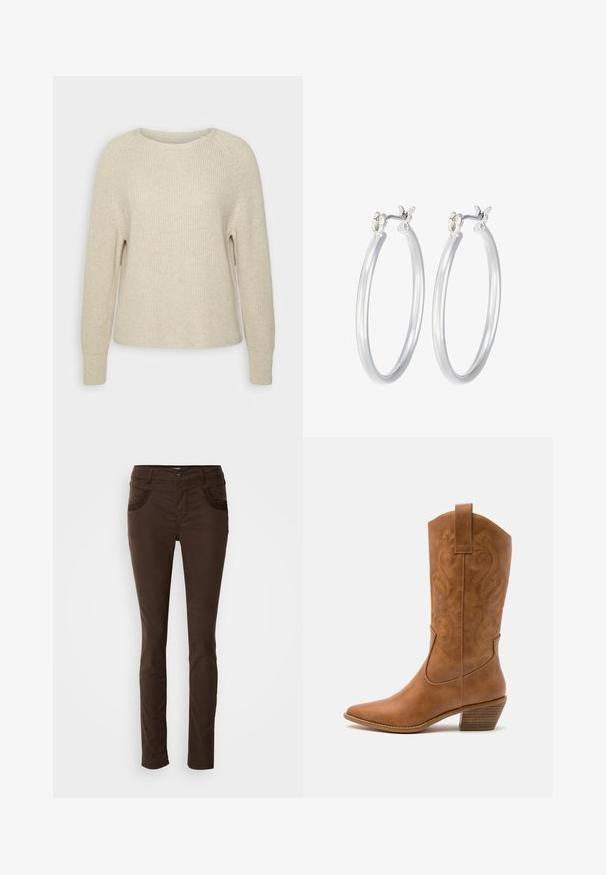Světle růžový pletený svetr s kulatým výstřihem, raglánovými rukávy a žebrovanými manžetami. Textura je jemná, s volným střihem a minimálním zdobením.; Hnědé, úzké kalhoty vyrobené z bavlněné směsi. Mají přední kapsy s dekorativním stehem, zapínání na knoflík a hladkou texturu.; Hnědé kožené kovbojské boty s špičatou špičkou, vyšívanými spirálovými vzory na štítech a s blokovým podpatkem. Obsahují poutko pro snadné obouvání.; Stříbrné kruhové náušnice s hladkým, lesklým povrchem. Kulatý tvar a bezpečné zapínání na klip. Lehký design vhodný pro každodenní nošení.